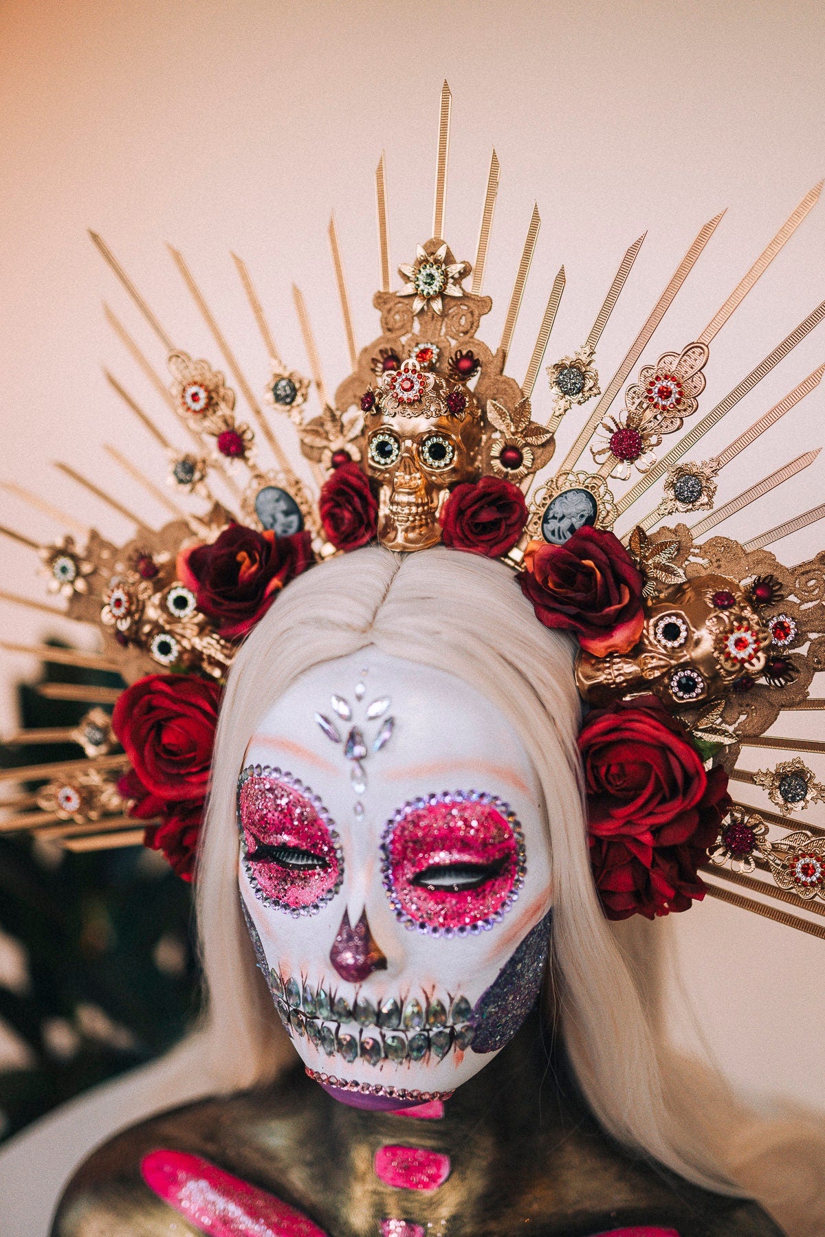 La Catrina Crown, Gold Skull Headdress, Dia de los Muertos Headpiece, Flower Crown, Mexican Halo Tiara, Red Rose Crown, Day of the Dead