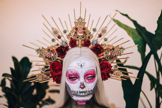 La Catrina Crown, Gold Skull Headdress, Dia de los Muertos Headpiece, Flower Crown, Mexican Halo Tiara, Red Rose Crown, Day of the Dead