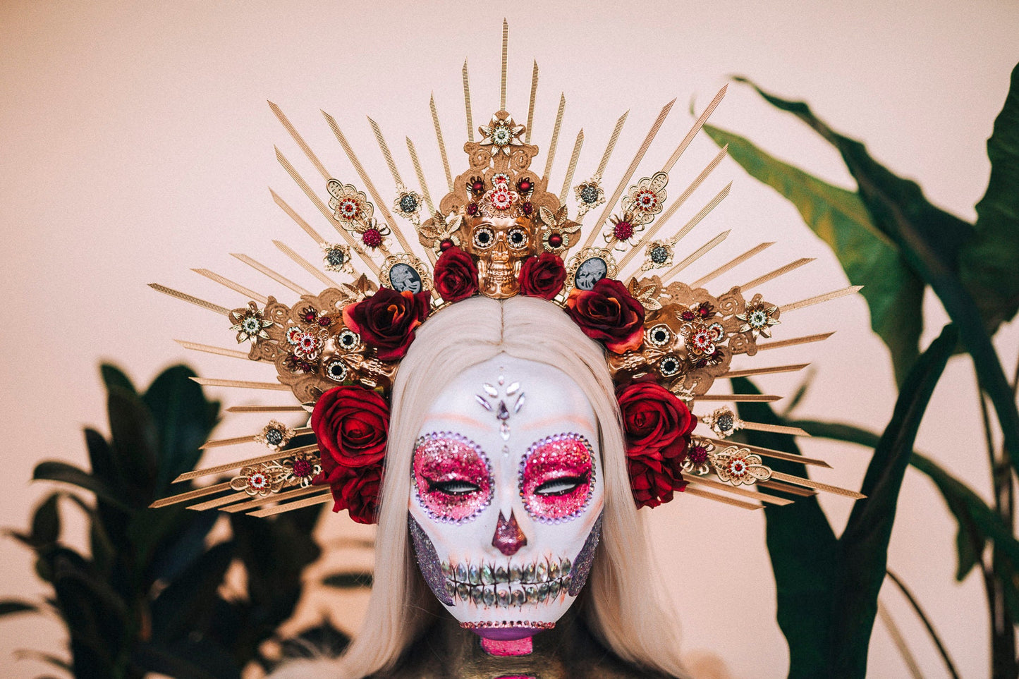 La Catrina Crown, Gold Skull Headdress, Dia de los Muertos Headpiece, Flower Crown, Mexican Halo Tiara, Red Rose Crown, Day of the Dead