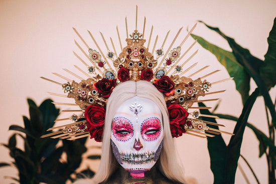 La Catrina Crown, Gold Skull Headdress, Dia de los Muertos Headpiece, Flower Crown, Mexican Halo Tiara, Red Rose Crown, Day of the Dead