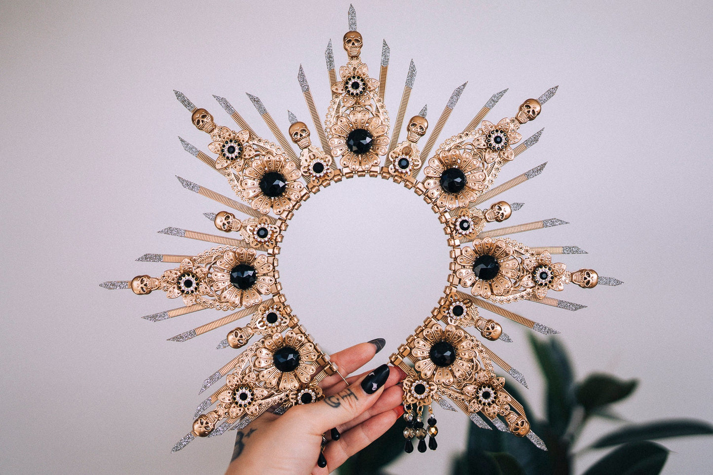 Skull Halo Crown, Gold Sunray Crown, Gothic Headpiece, Halloween Tiara, Skeleton Crown, Black Gem Crown, Festival Costume Tiara