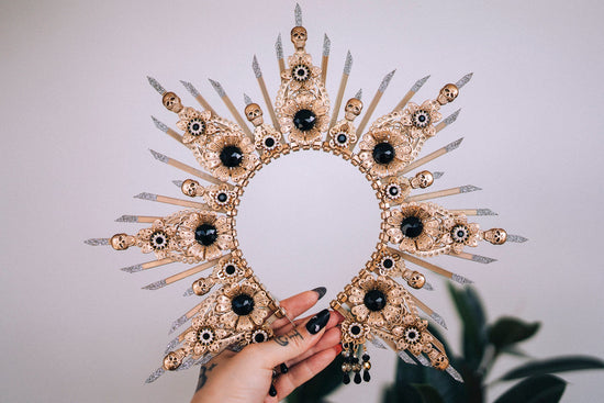Skull Halo Crown, Gold Sunray Crown, Gothic Headpiece, Halloween Tiara, Skeleton Crown, Black Gem Crown, Festival Costume Tiara