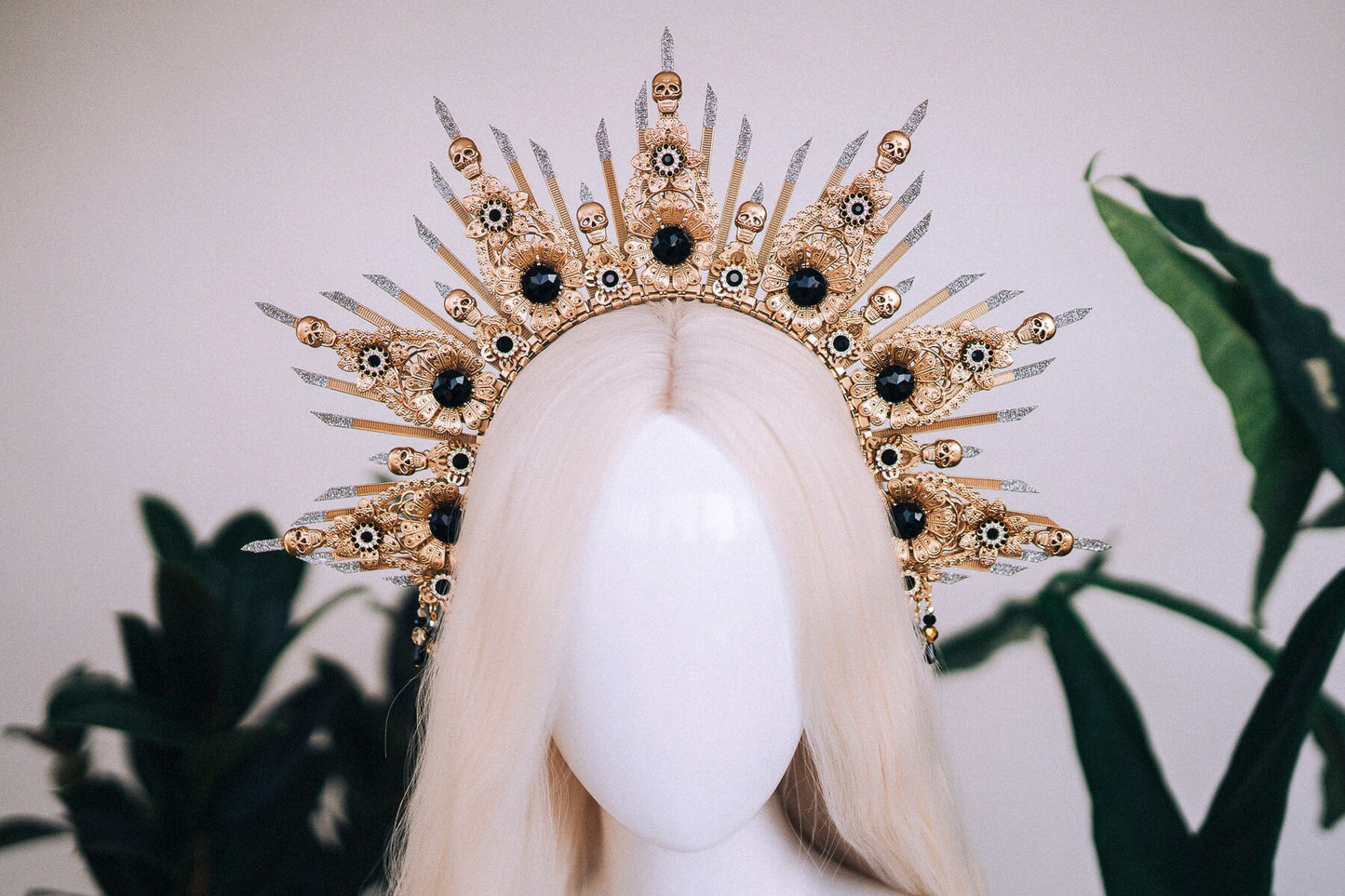 Skull Halo Crown, Gold Sunray Crown, Gothic Headpiece, Halloween Tiara, Skeleton Crown, Black Gem Crown, Festival Costume Tiara