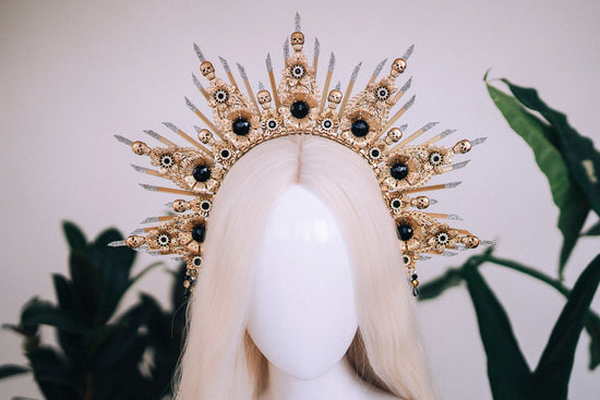 Skull Halo Crown, Gold Sunray Crown, Gothic Headpiece, Halloween Tiara, Skeleton Crown, Black Gem Crown, Festival Costume Tiara
