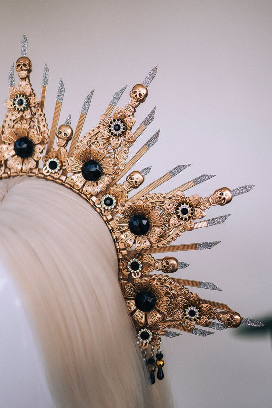 Skull Halo Crown, Gold Sunray Crown, Gothic Headpiece, Halloween Tiara, Skeleton Crown, Black Gem Crown, Festival Costume Tiara
