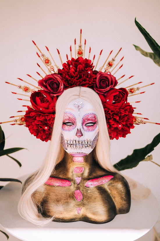 La Catrina Halo Crown, Red Flower Crown, Dia De Los Muertos, Gothic Headpiece, Festival Headdress, Halloween Costume, Mexican Skull Crown
