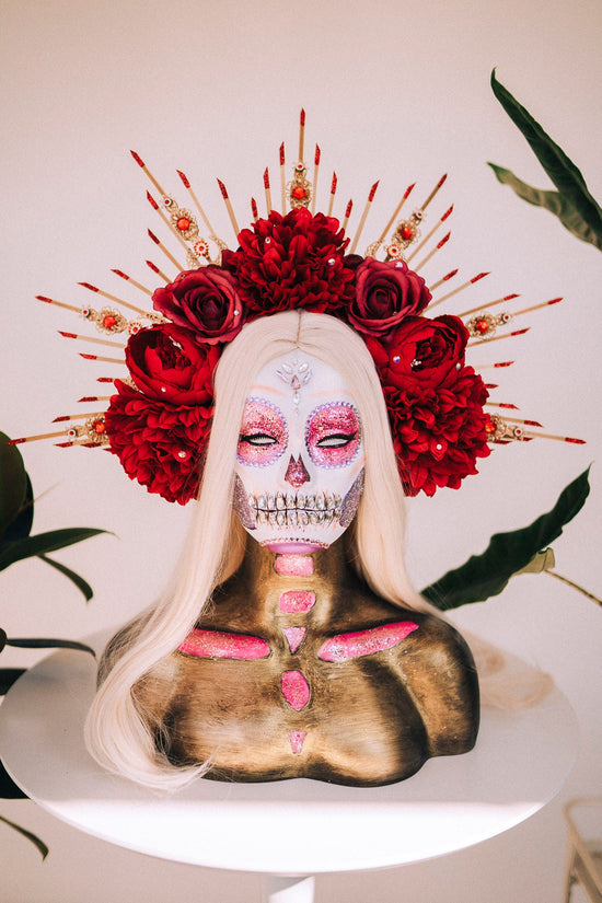 La Catrina Halo Crown, Red Flower Crown, Dia De Los Muertos, Gothic Headpiece, Festival Headdress, Halloween Costume, Mexican Skull Crown