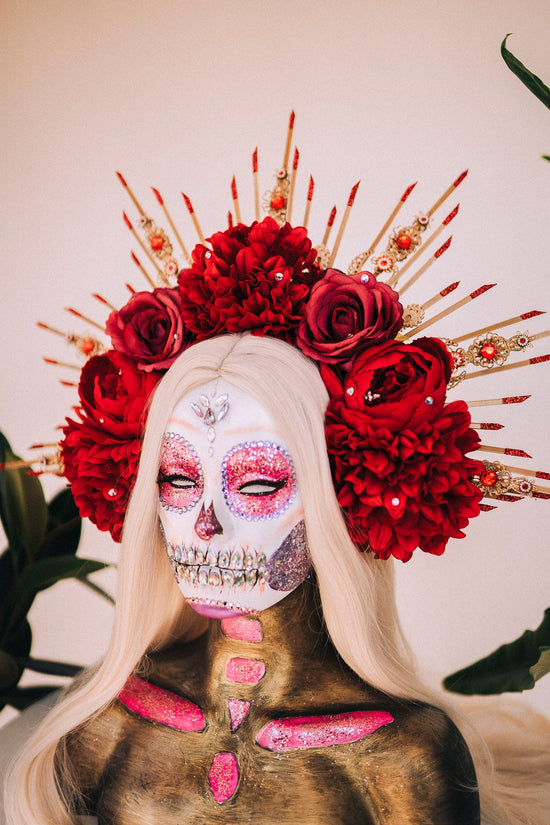 La Catrina Halo Crown, Red Flower Crown, Dia De Los Muertos, Gothic Headpiece, Festival Headdress, Halloween Costume, Mexican Skull Crown