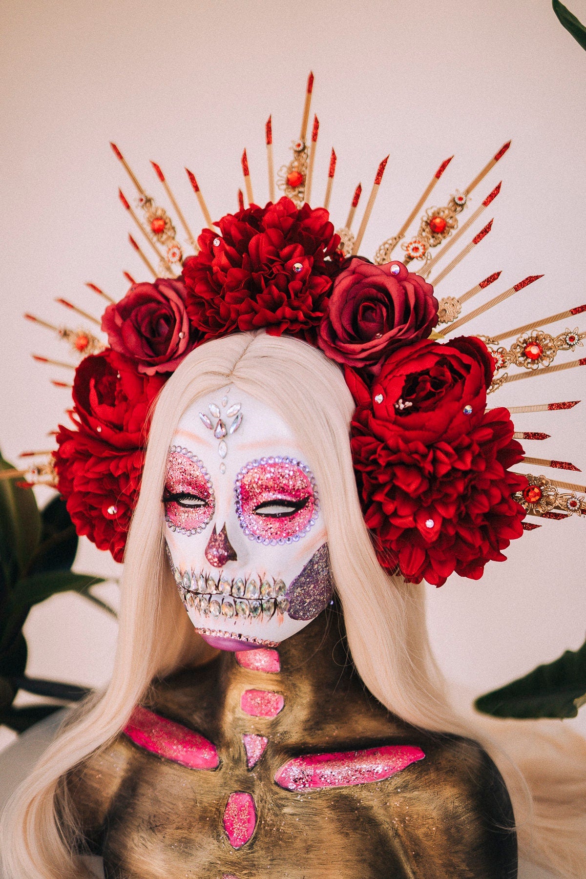 La Catrina Halo Crown, Red Flower Crown, Dia De Los Muertos, Gothic Headpiece, Festival Headdress, Halloween Costume, Mexican Skull Crown