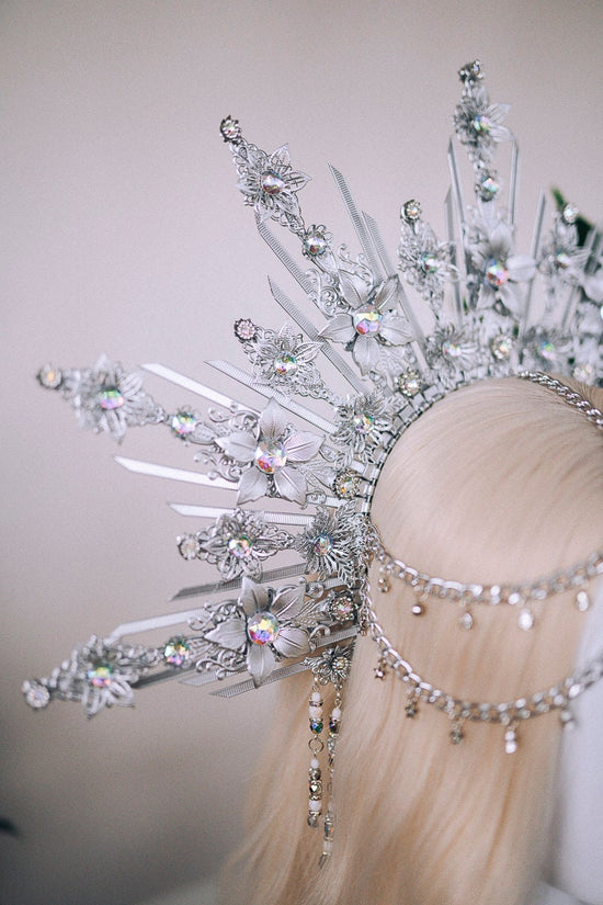 Silver halo crown, Bridal headpiece, Flower crown, Silver tiara, Wedding crown, Wedding headpiece, Birthday headband, Halloween, Burning man