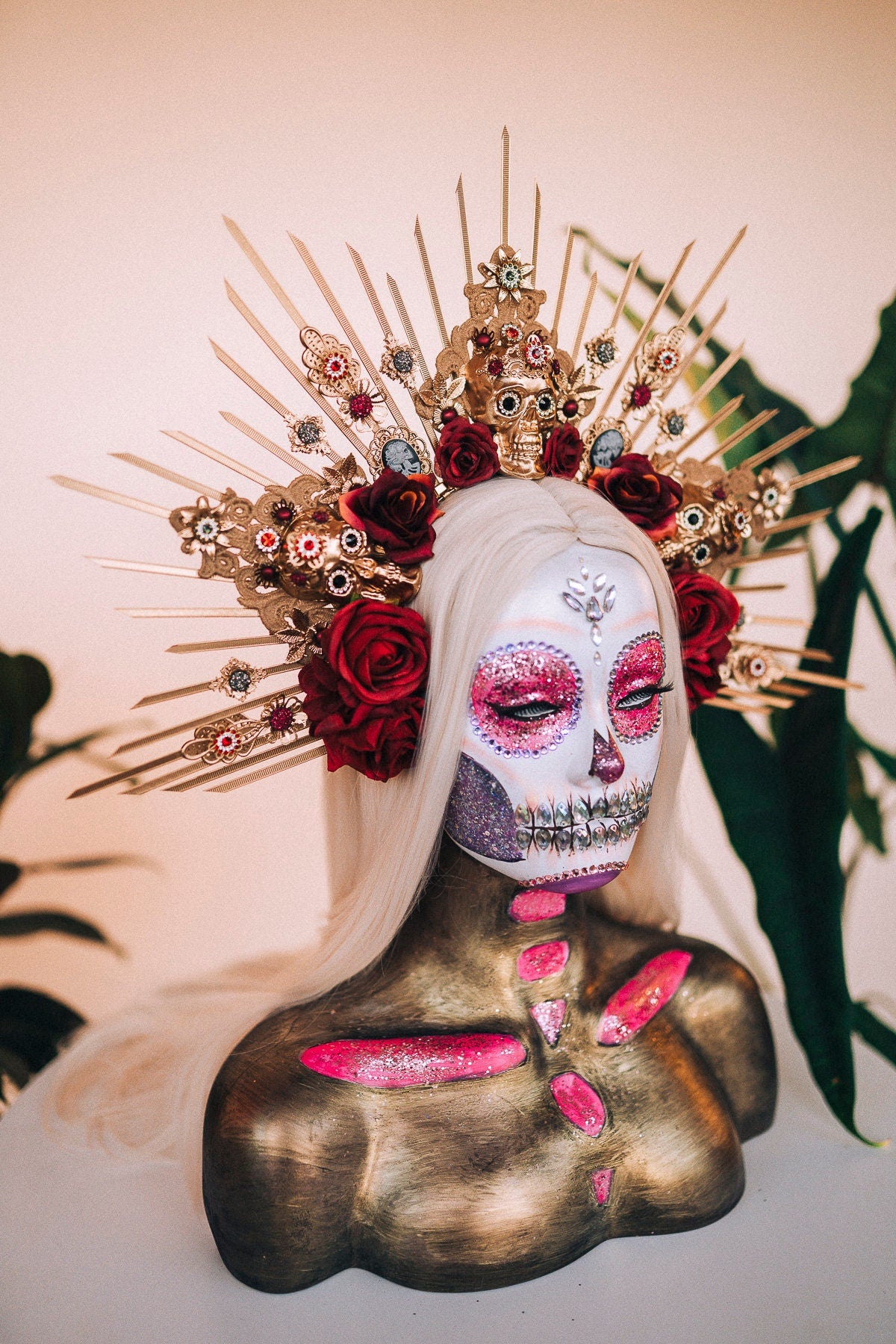 La Catrina Crown, Gold Skull Headdress, Dia de los Muertos Headpiece, Flower Crown, Mexican Halo Tiara, Red Rose Crown, Day of the Dead