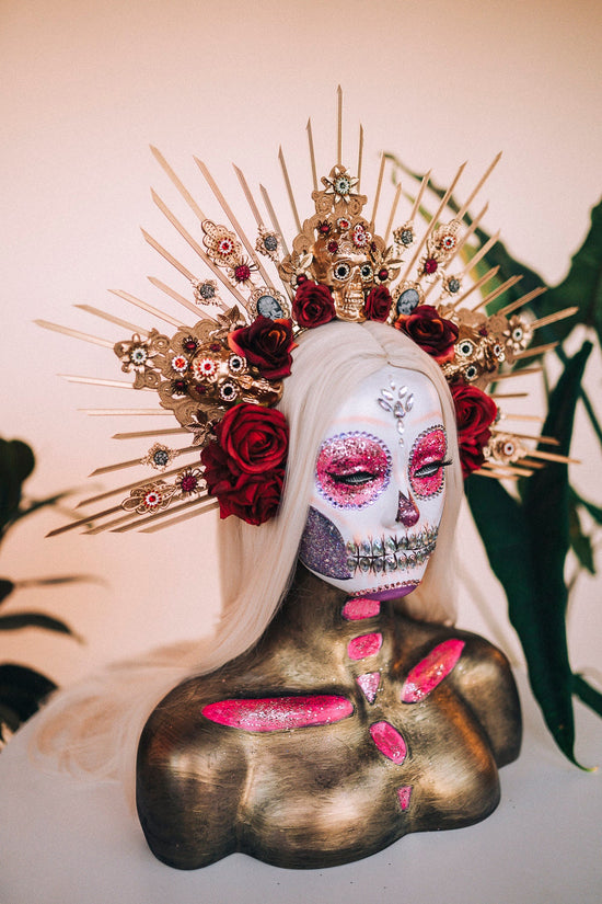 La Catrina Crown, Gold Skull Headdress, Dia de los Muertos Headpiece, Flower Crown, Mexican Halo Tiara, Red Rose Crown, Day of the Dead