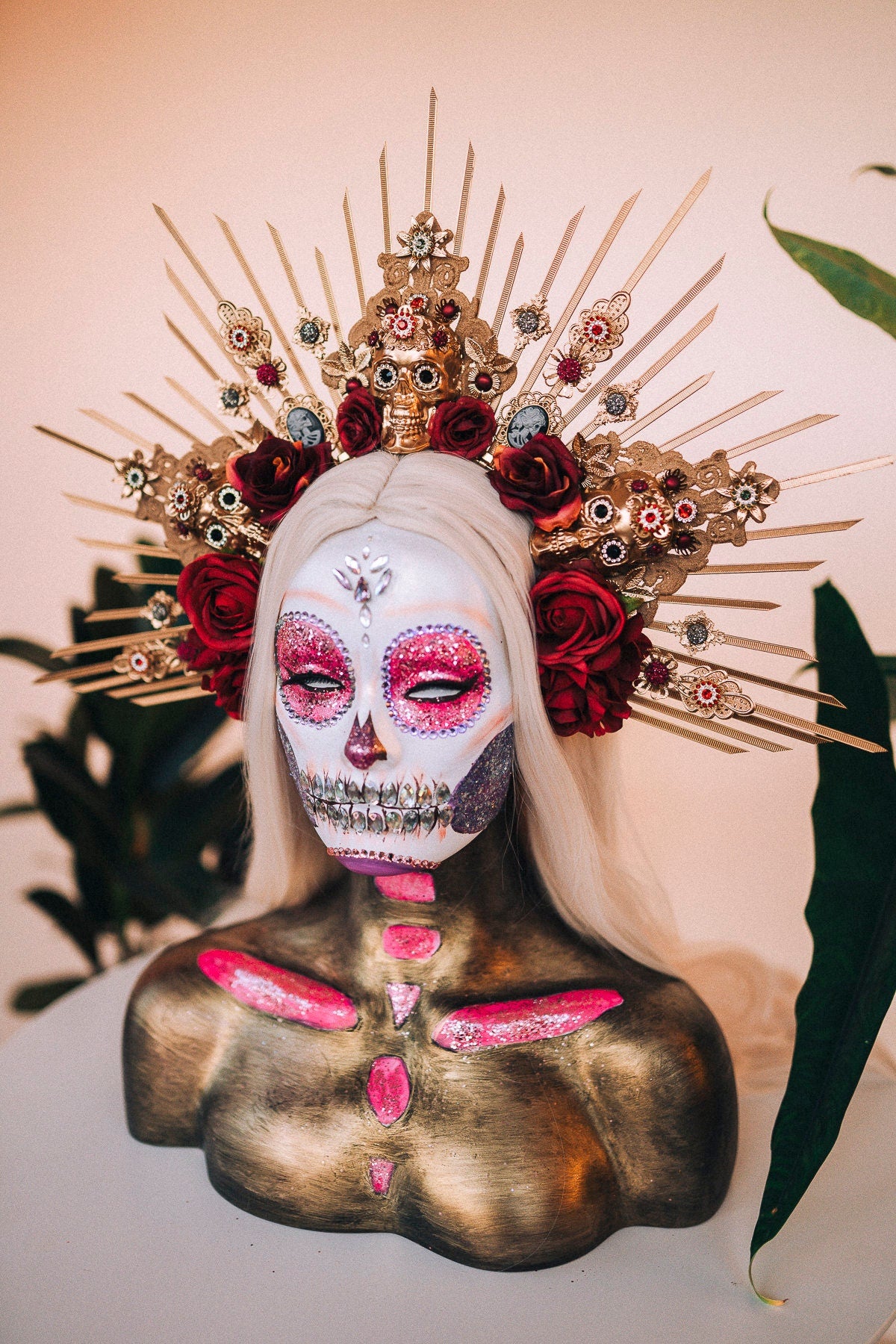 La Catrina Crown, Gold Skull Headdress, Dia de los Muertos Headpiece, Flower Crown, Mexican Halo Tiara, Red Rose Crown, Day of the Dead
