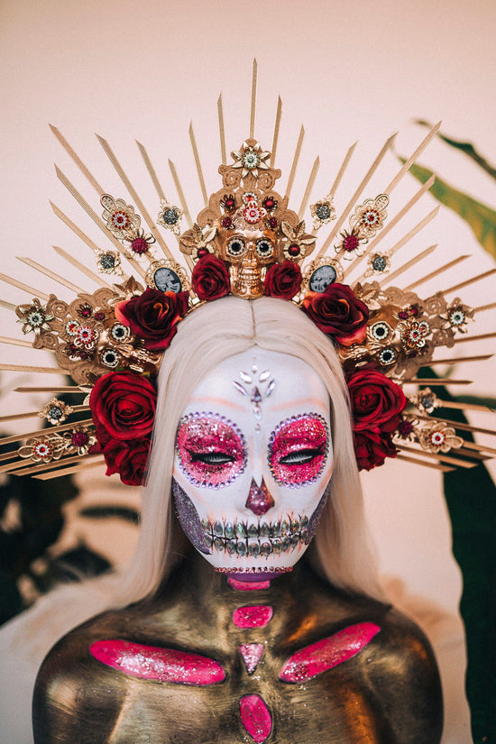 La Catrina Crown, Gold Skull Headdress, Dia de los Muertos Headpiece, Flower Crown, Mexican Halo Tiara, Red Rose Crown, Day of the Dead