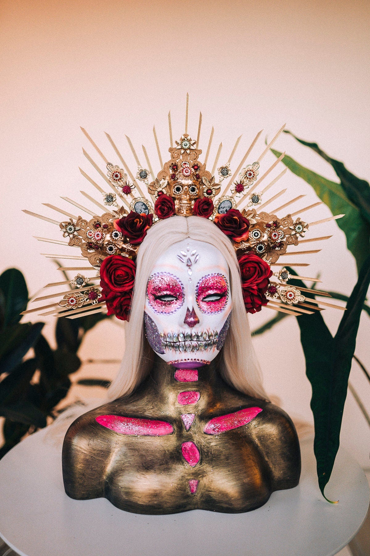 La Catrina Crown, Gold Skull Headdress, Dia de los Muertos Headpiece, Flower Crown, Mexican Halo Tiara, Red Rose Crown, Day of the Dead