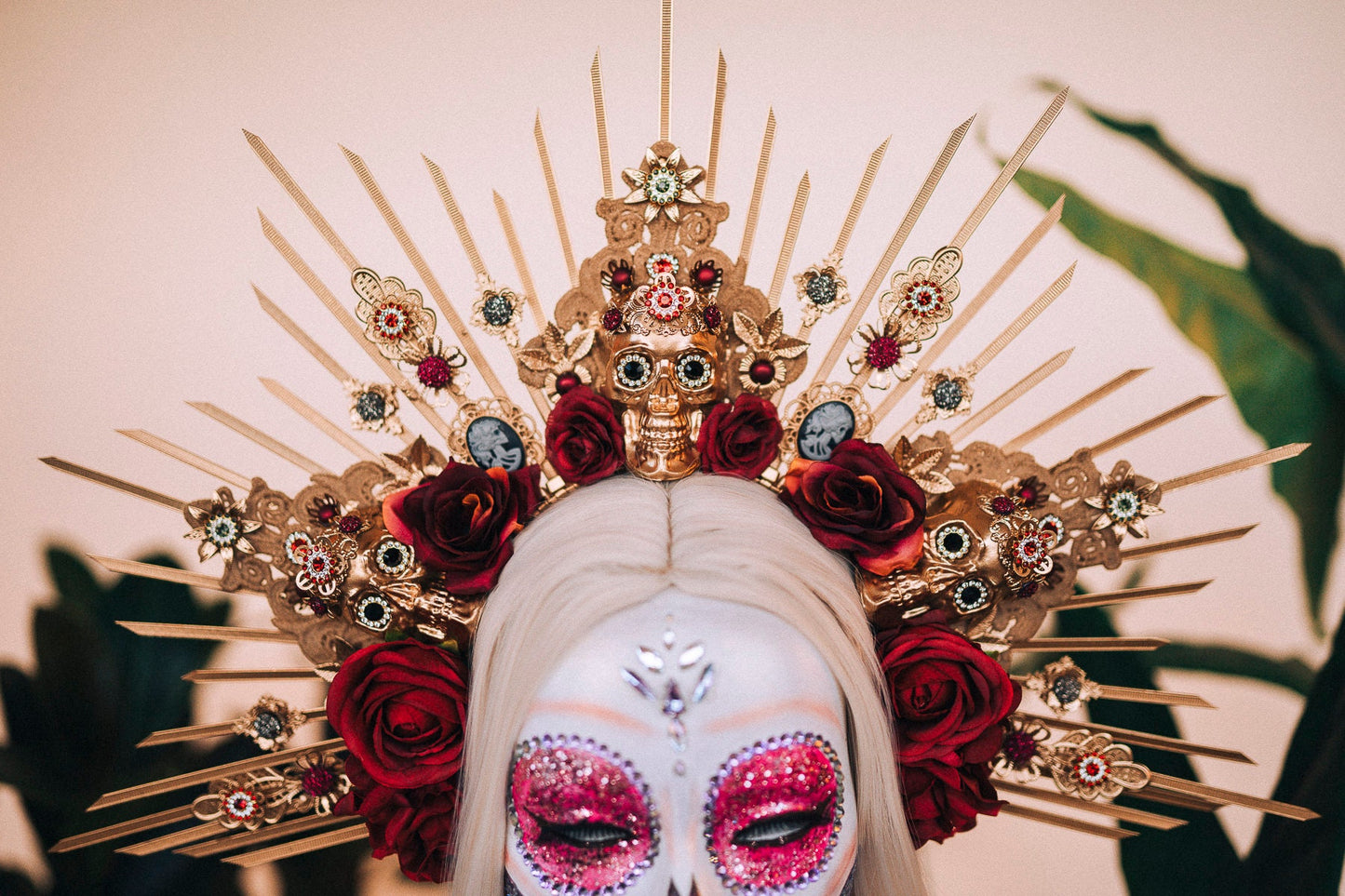 La Catrina Crown, Gold Skull Headdress, Dia de los Muertos Headpiece, Flower Crown, Mexican Halo Tiara, Red Rose Crown, Day of the Dead
