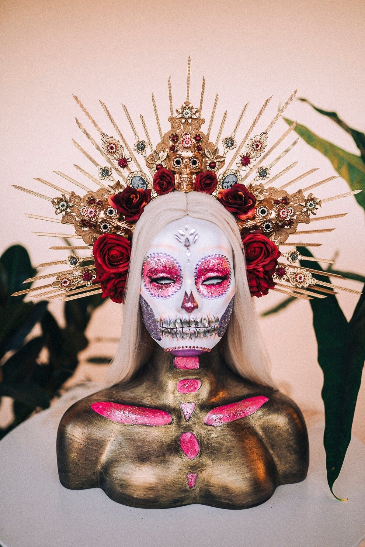 La Catrina Crown, Gold Skull Headdress, Dia de los Muertos Headpiece, Flower Crown, Mexican Halo Tiara, Red Rose Crown, Day of the Dead