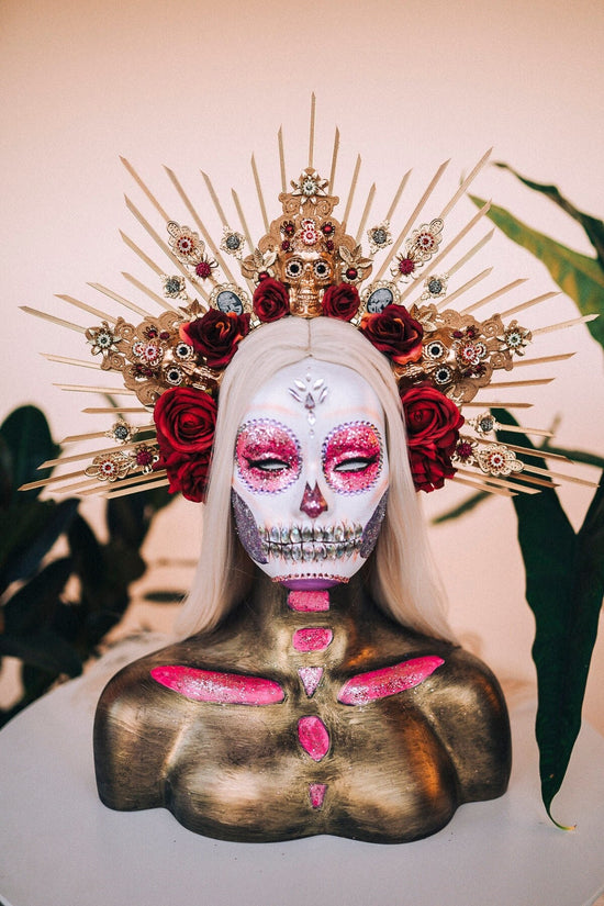 La Catrina Crown, Gold Skull Headdress, Dia de los Muertos Headpiece, Flower Crown, Mexican Halo Tiara, Red Rose Crown, Day of the Dead