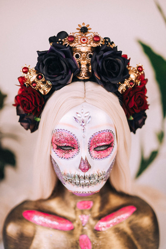 La Catrina Crown, Skull Headpiece, Day of the Dead Tiara, Flower Crown, Red Black Roses, Sugar Skull Halo, Dia de los Muertos, Halloween