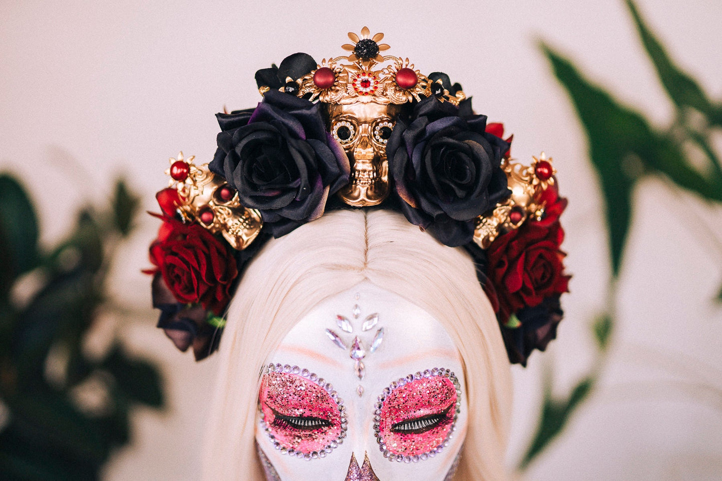 La Catrina Crown, Skull Headpiece, Day of the Dead Tiara, Flower Crown, Red Black Roses, Sugar Skull Halo, Dia de los Muertos, Halloween