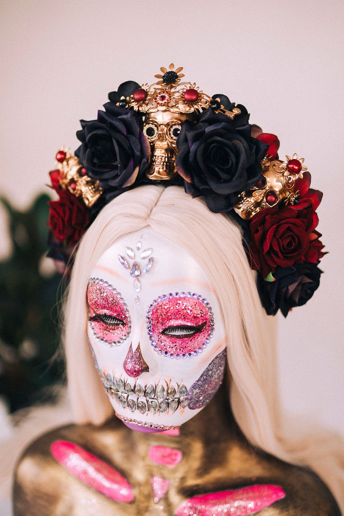 La Catrina Crown, Skull Headpiece, Day of the Dead Tiara, Flower Crown, Red Black Roses, Sugar Skull Halo, Dia de los Muertos, Halloween