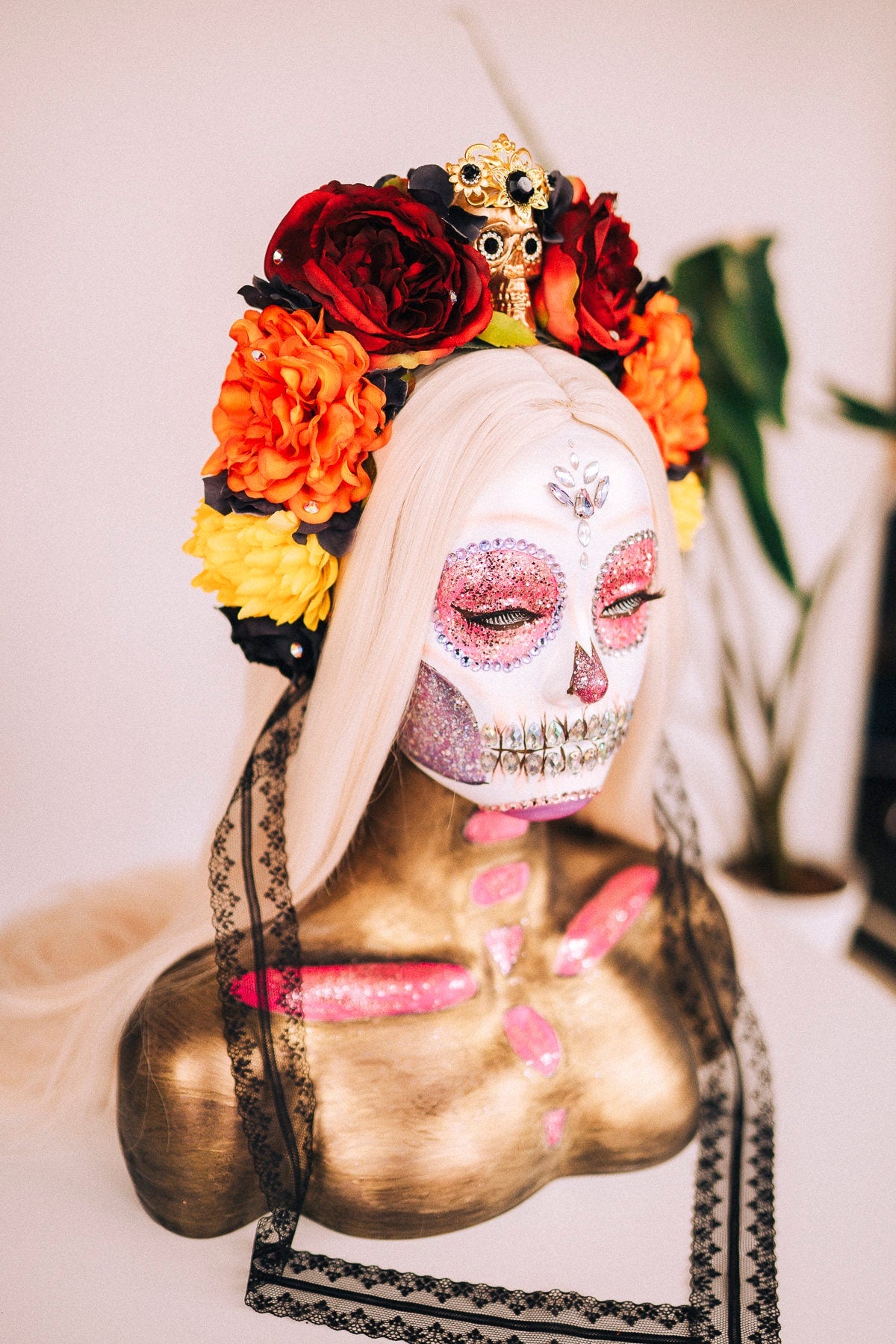 La Catrina Crown, Day of the Dead Tiara, Skull Headdress, Gothic Flower Crown, Halloween Halo, Handmade Festival Headpiece, Red Orange Roses