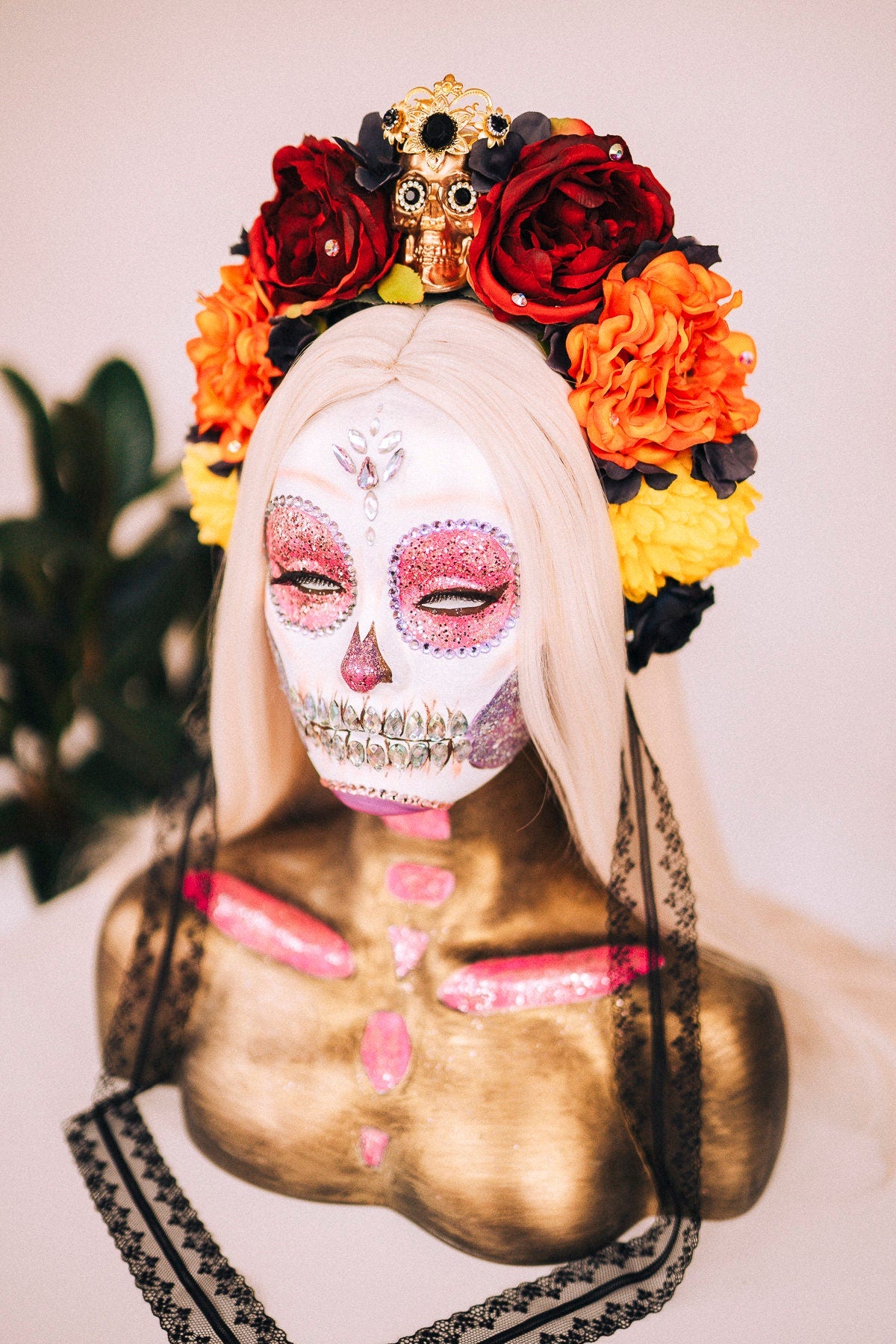 La Catrina Crown, Day of the Dead Tiara, Skull Headdress, Gothic Flower Crown, Halloween Halo, Handmade Festival Headpiece, Red Orange Roses