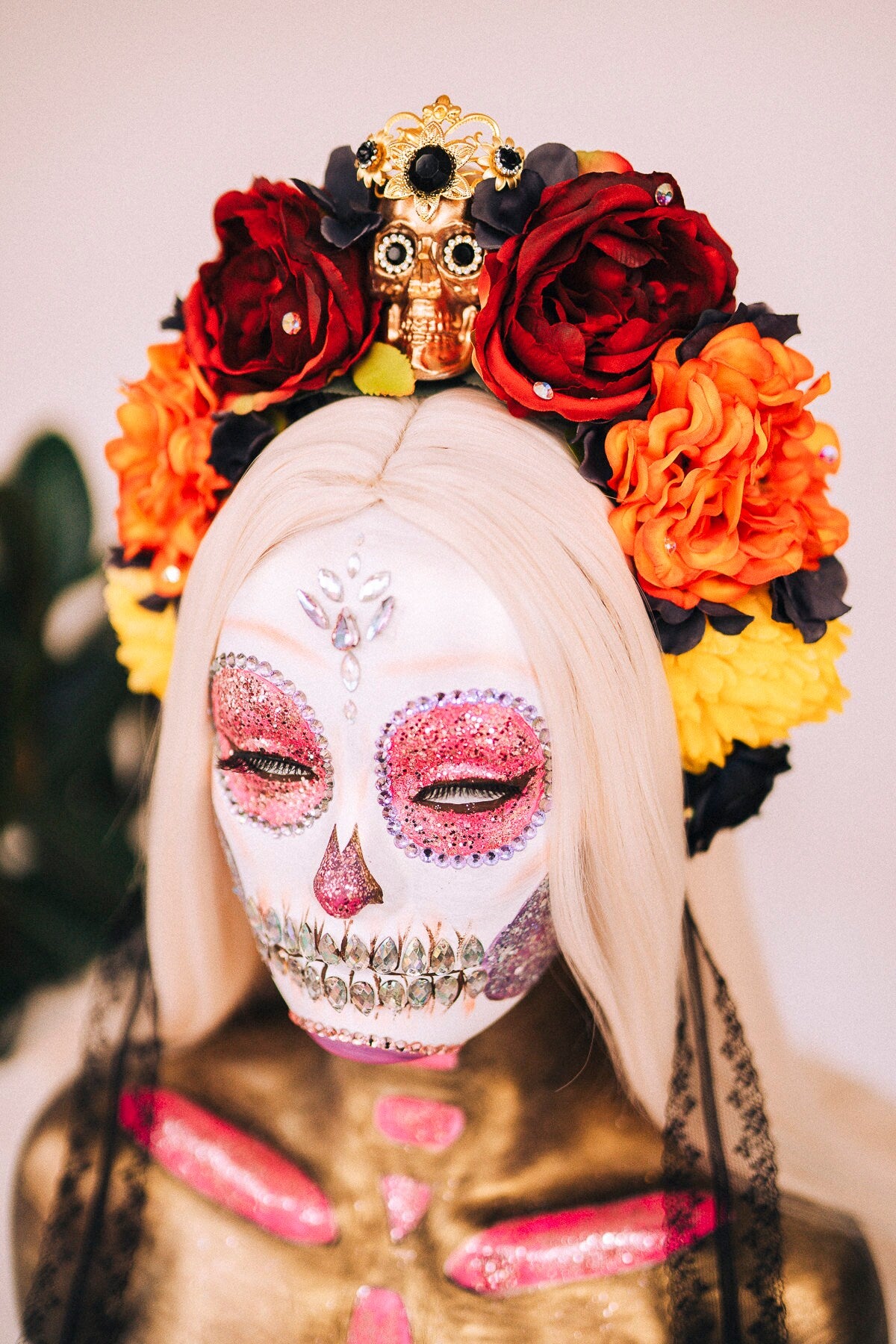 La Catrina Crown, Day of the Dead Tiara, Skull Headdress, Gothic Flower Crown, Halloween Halo, Handmade Festival Headpiece, Red Orange Roses