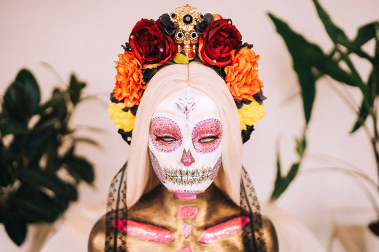 La Catrina Crown, Day of the Dead Tiara, Skull Headdress, Gothic Flower Crown, Halloween Halo, Handmade Festival Headpiece, Red Orange Roses