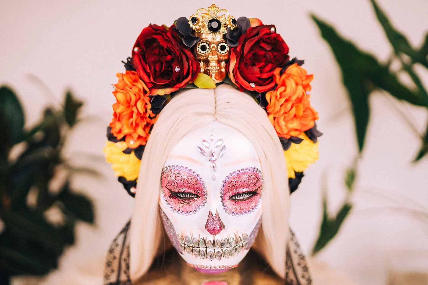 La Catrina Crown, Day of the Dead Tiara, Skull Headdress, Gothic Flower Crown, Halloween Halo, Handmade Festival Headpiece, Red Orange Roses
