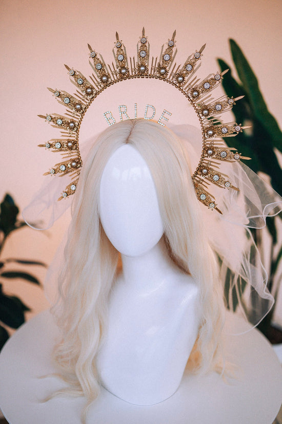 SALE Bride halo crown, Bride headband, Bride to be, Bachelorette party, Gold halo crown, Gold crown, Goddess crown, Wedding veil