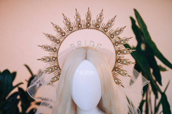 SALE Bride halo crown, Bride headband, Bride to be, Bachelorette party, Gold halo crown, Gold crown, Goddess crown, Wedding veil