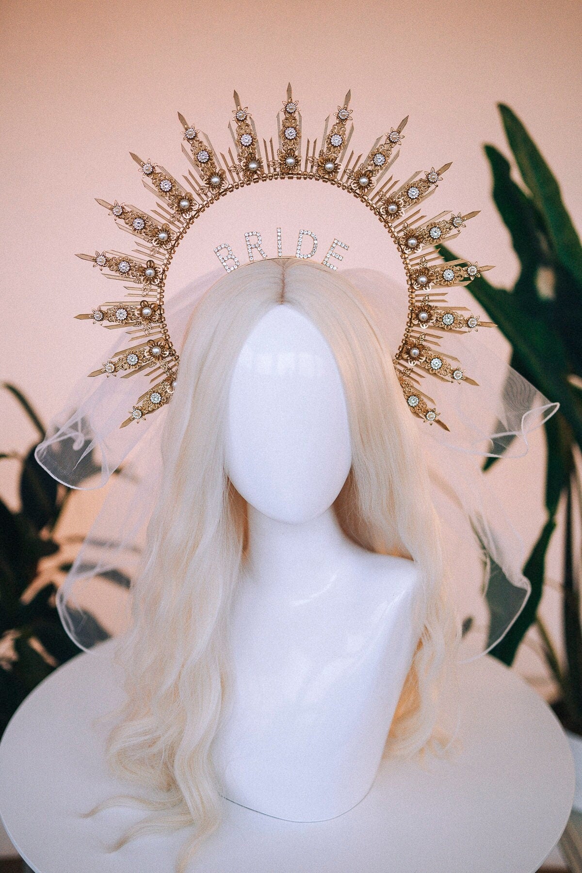 SALE Bride halo crown, Bride headband, Bride to be, Bachelorette party, Gold halo crown, Gold crown, Goddess crown, Wedding veil