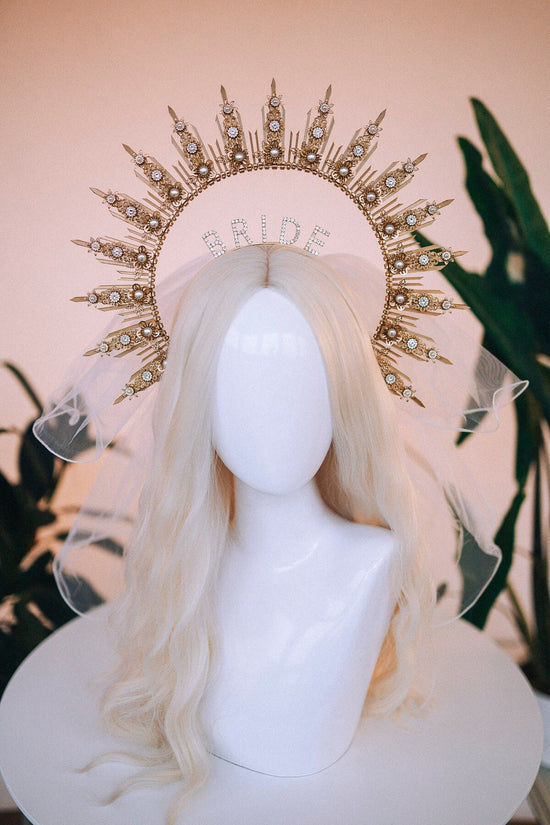 SALE Bride halo crown, Bride headband, Bride to be, Bachelorette party, Gold halo crown, Gold crown, Goddess crown, Wedding veil