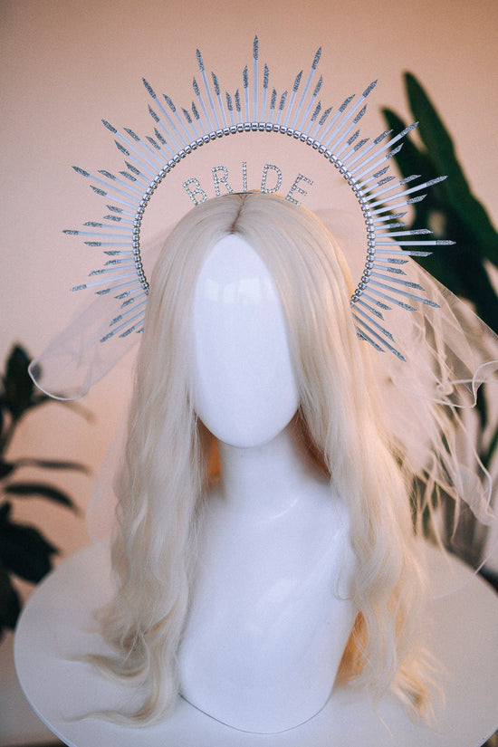 SALE Bride halo crown, Bride headband, Bride to be, Bachelorette party, Silver halo crown, Goddess crown, Wedding veil, Wedding garter
