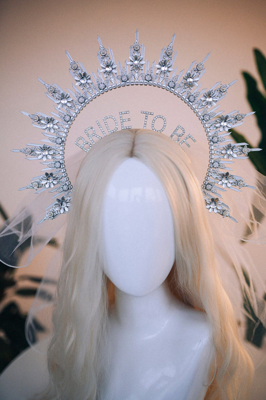 Bride halo crown, Bride headband, Bride to be, Bachelorette party, Silver halo crown, Goddess crown, Wedding veil, Wedding garter, Boho