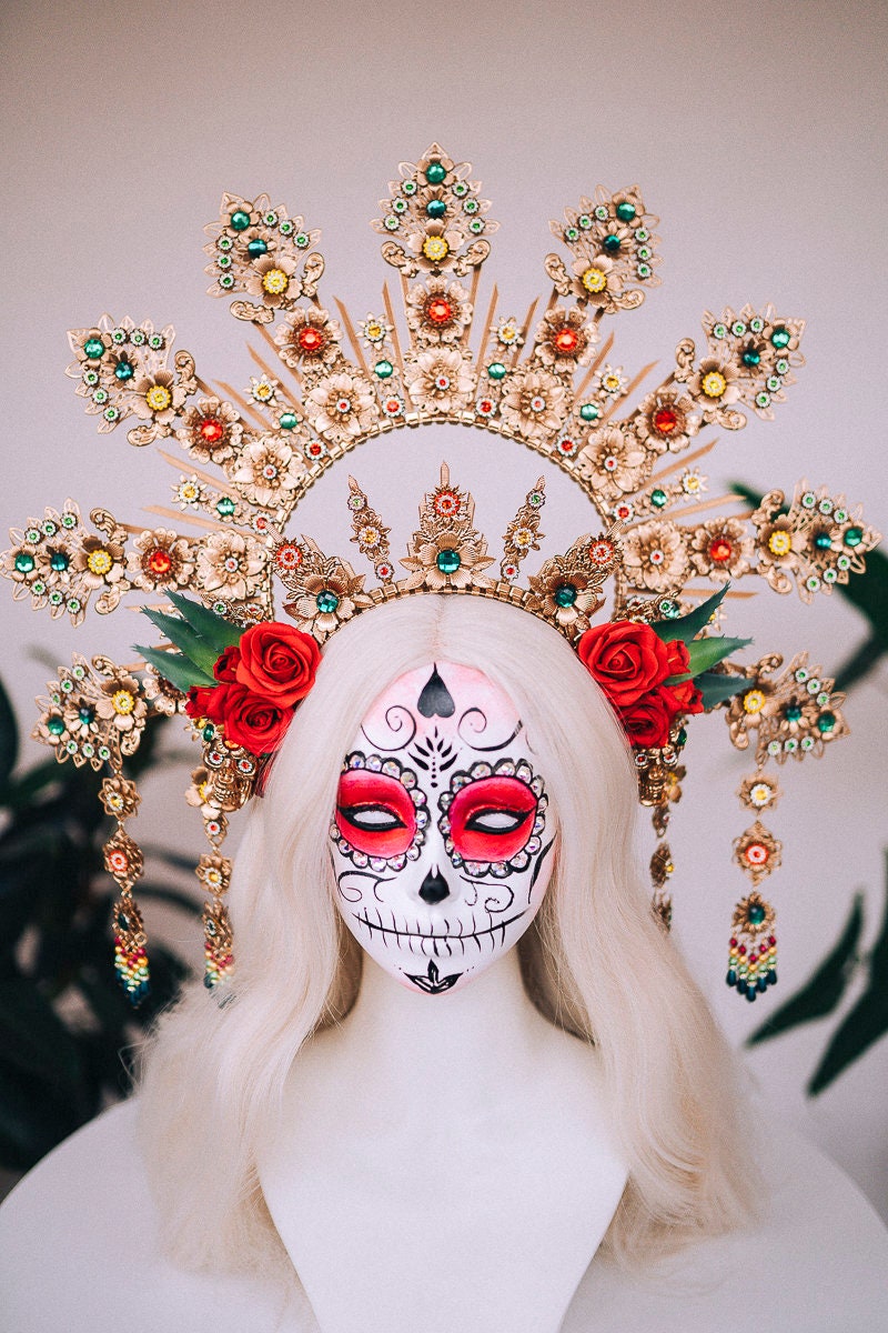 La Catrina Crown, Red Rose Halo, Mexican Headdress, Gold Statement Tiara, Dia de los Muertos, Festival Headpiece, Handmade Floral Crown