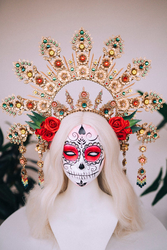 La Catrina Crown, Red Rose Halo, Mexican Headdress, Gold Statement Tiara, Dia de los Muertos, Festival Headpiece, Handmade Floral Crown
