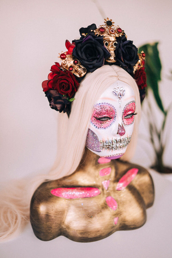 La Catrina Crown, Skull Headpiece, Day of the Dead Tiara, Flower Crown, Red Black Roses, Sugar Skull Halo, Dia de los Muertos, Halloween