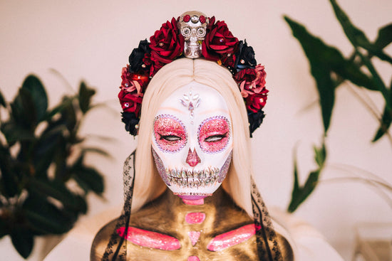Skull Flower Crown, La Catrina, Día de los Muertos, Gothic Rose Headdress, Halloween Tiara, Red Black Floral Headpiece, Sugar Skull Halo