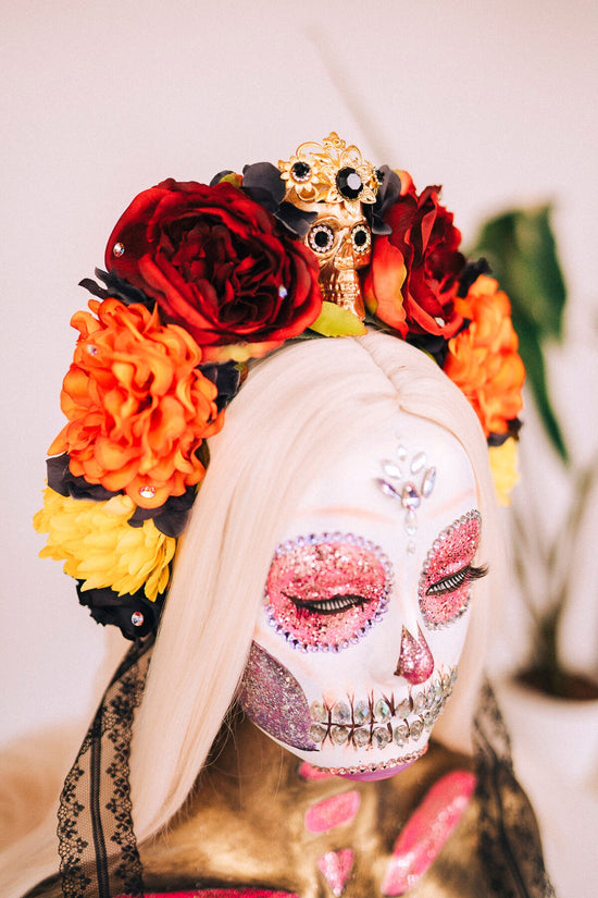 La Catrina Crown, Day of the Dead Tiara, Skull Headdress, Gothic Flower Crown, Halloween Halo, Handmade Festival Headpiece, Red Orange Roses
