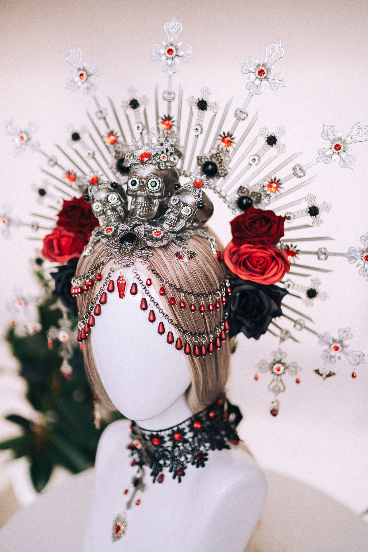 Vampire Choker, Gothic Lace Necklace, Red Black Choker, Skull Choker, Halloween Necklace, Vampire Jewelry, Dark Queen Necklace, Dracula