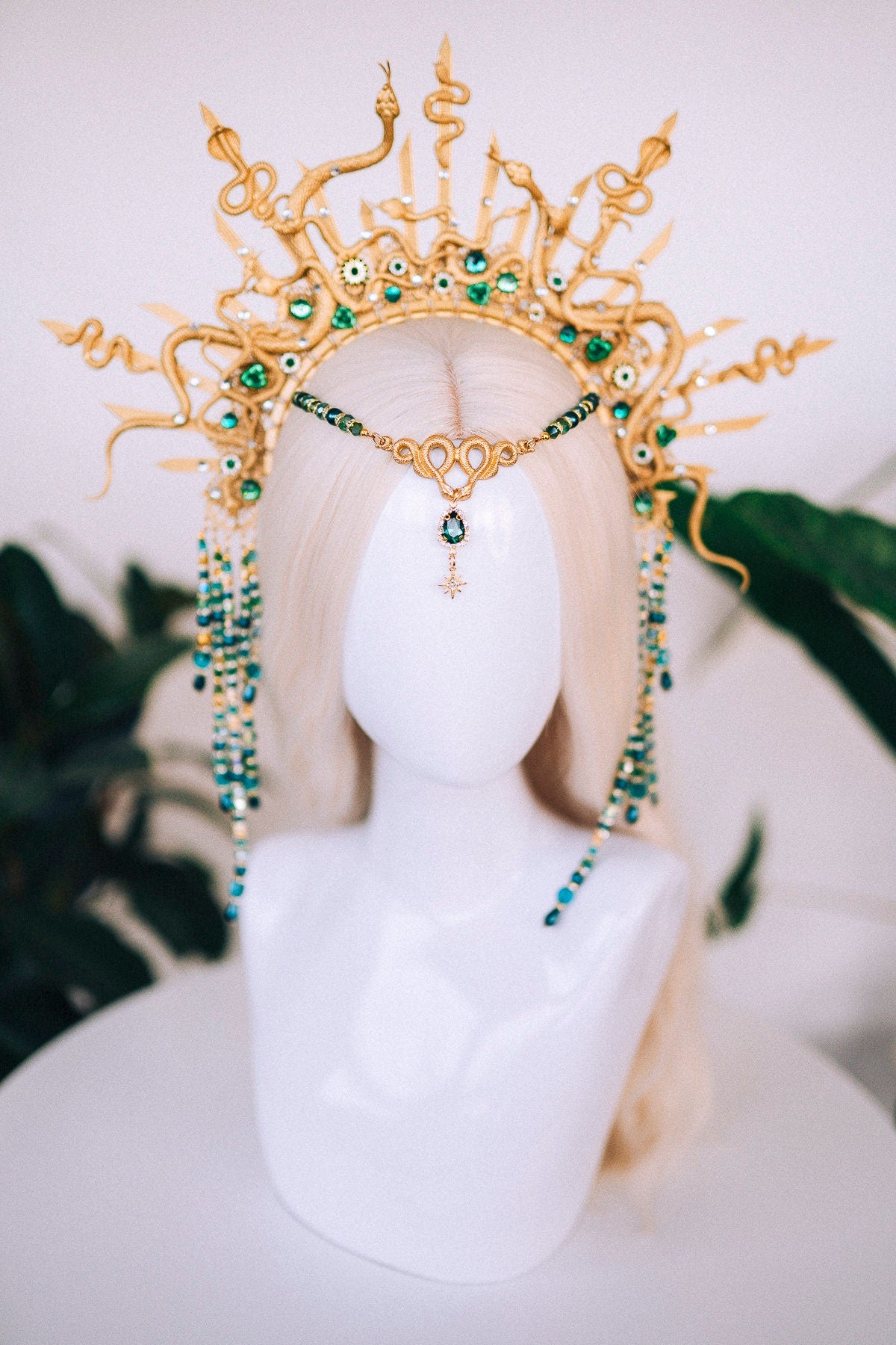 Medusa Crown, Gold Snake Halo, Green Gemstone Headpiece, Goddess Costume Tiara, Halloween Serpent Crown, Mythical Ritual Headdress