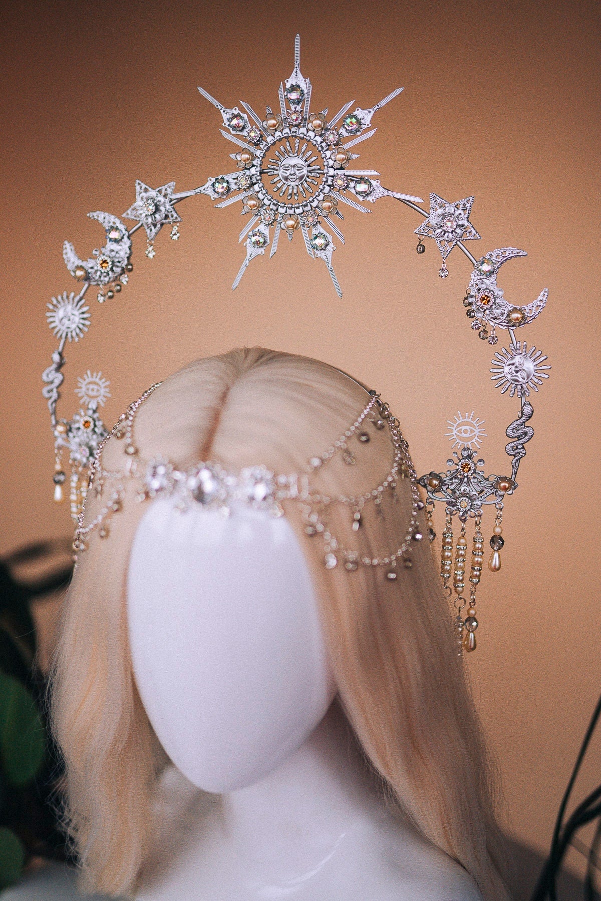 Celestial Halo Crown, Gold Goddess Headpiece, Sun Moon Star Tiara, Boho Wedding Crown, Festival Accessory, Maternity Photoshoot, Handmade