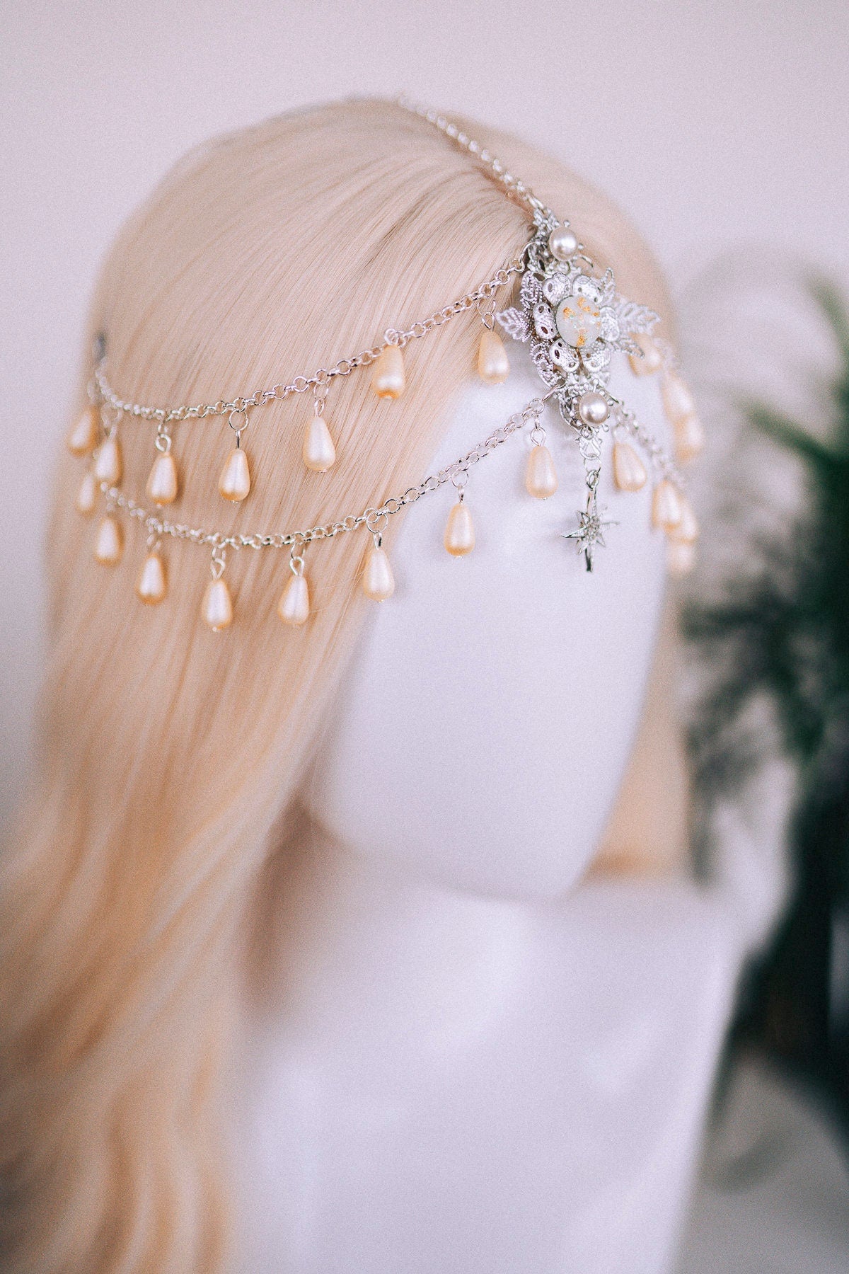 Golden Pearl, Boho Headpiece, Bridal Head Chain, Festival Crown, Goddess Tiara, Renaissance Hair Jewelry, Wedding Halo, Fairy Headdress