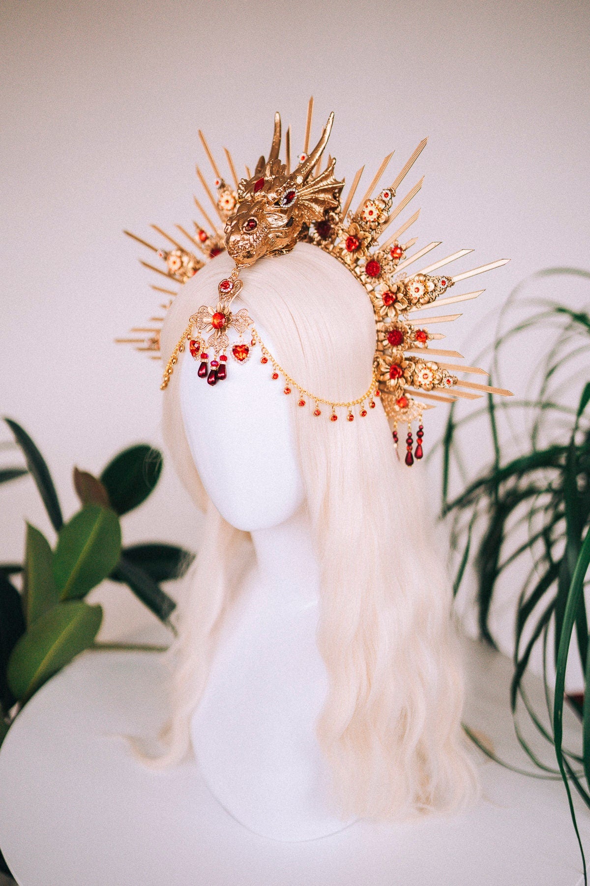 Golden Dragon Fire Crown, Red Gold Headpiece, Fantasy Dragon Costume, Game of Thrones Cosplay, Dragon Queen Crown, Halloween Tiara