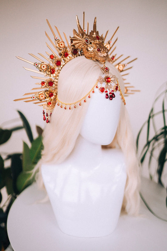 Golden Dragon Fire Crown, Red Gold Headpiece, Fantasy Dragon Costume, Game of Thrones Cosplay, Dragon Queen Crown, Halloween Tiara