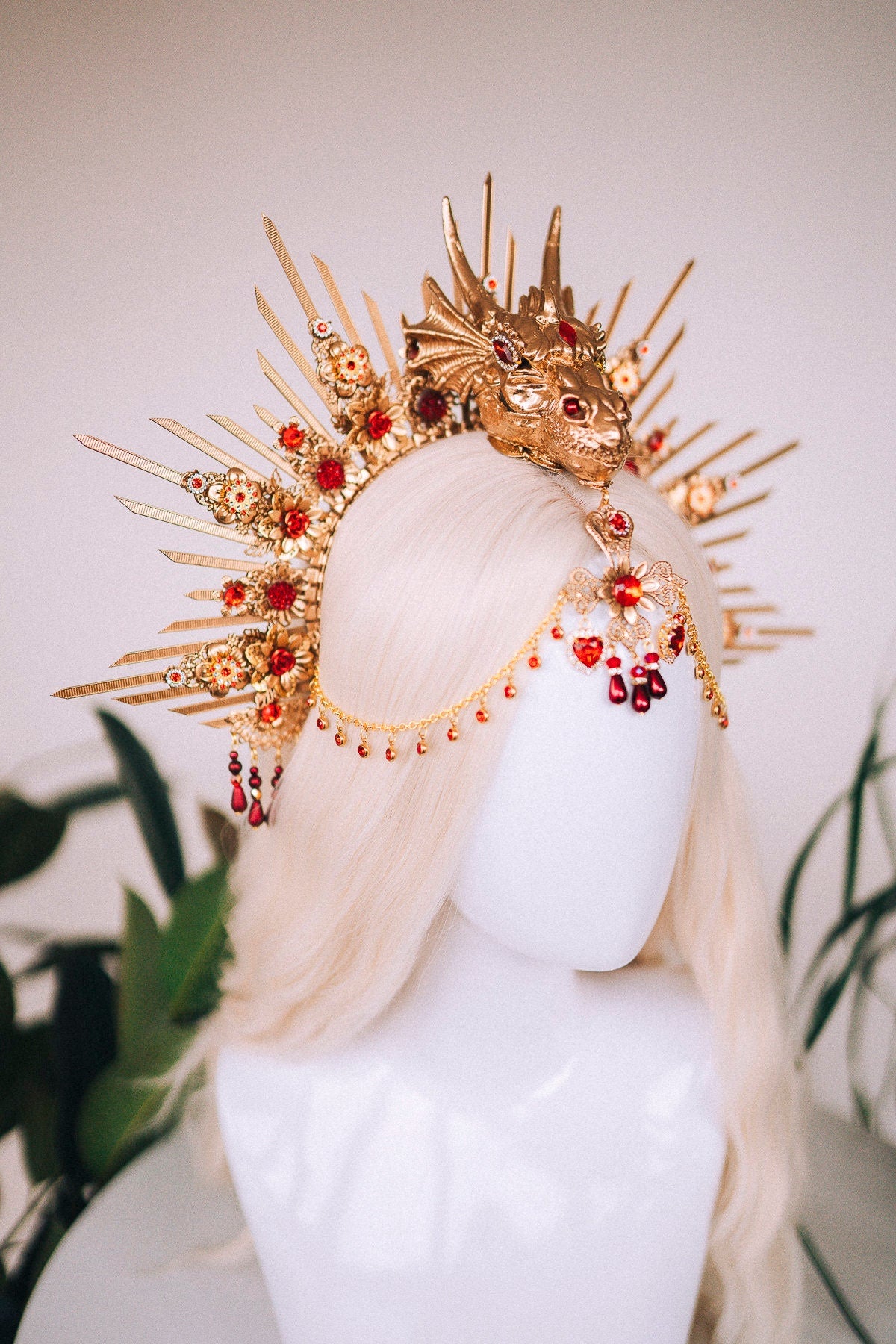 Golden Dragon Fire Crown, Red Gold Headpiece, Fantasy Dragon Costume, Game of Thrones Cosplay, Dragon Queen Crown, Halloween Tiara