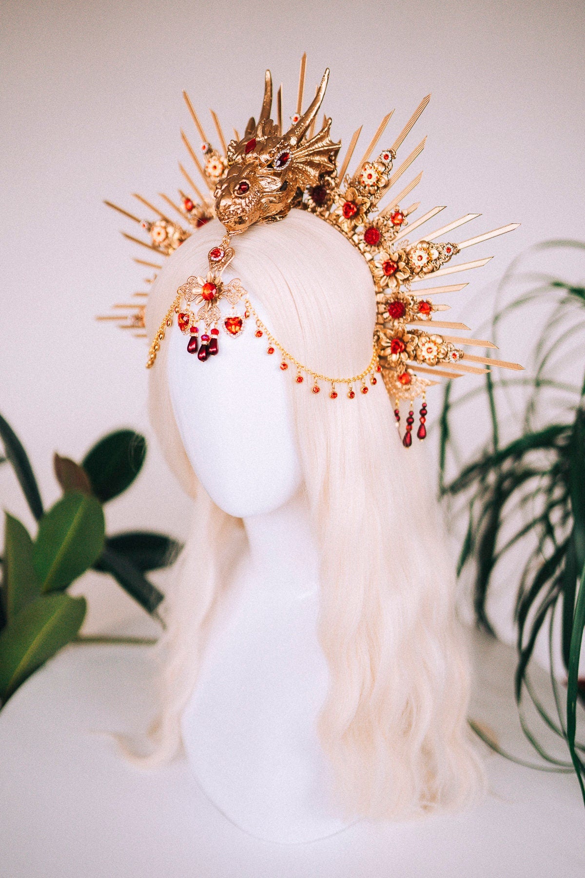 Golden Dragon Fire Crown, Red Gold Headpiece, Fantasy Dragon Costume, Game of Thrones Cosplay, Dragon Queen Crown, Halloween Tiara