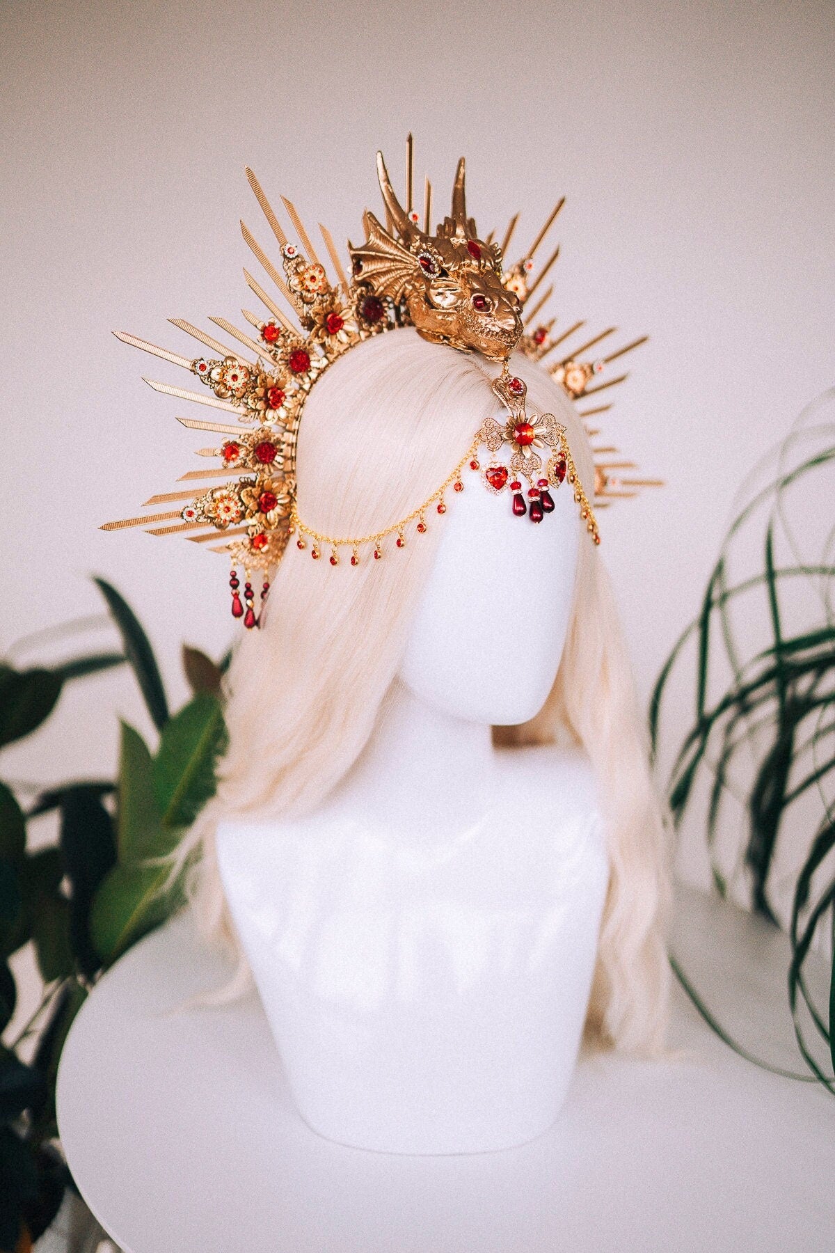 Golden Dragon Fire Crown, Red Gold Headpiece, Fantasy Dragon Costume, Game of Thrones Cosplay, Dragon Queen Crown, Halloween Tiara